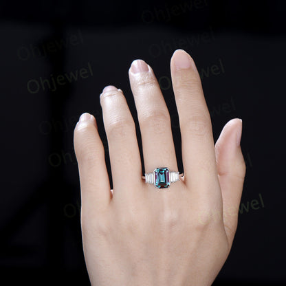 Bezel emerald cut alexandrite engagement ring white gold five stone baguette cut moissanite bridal ring women gift color change gemstone