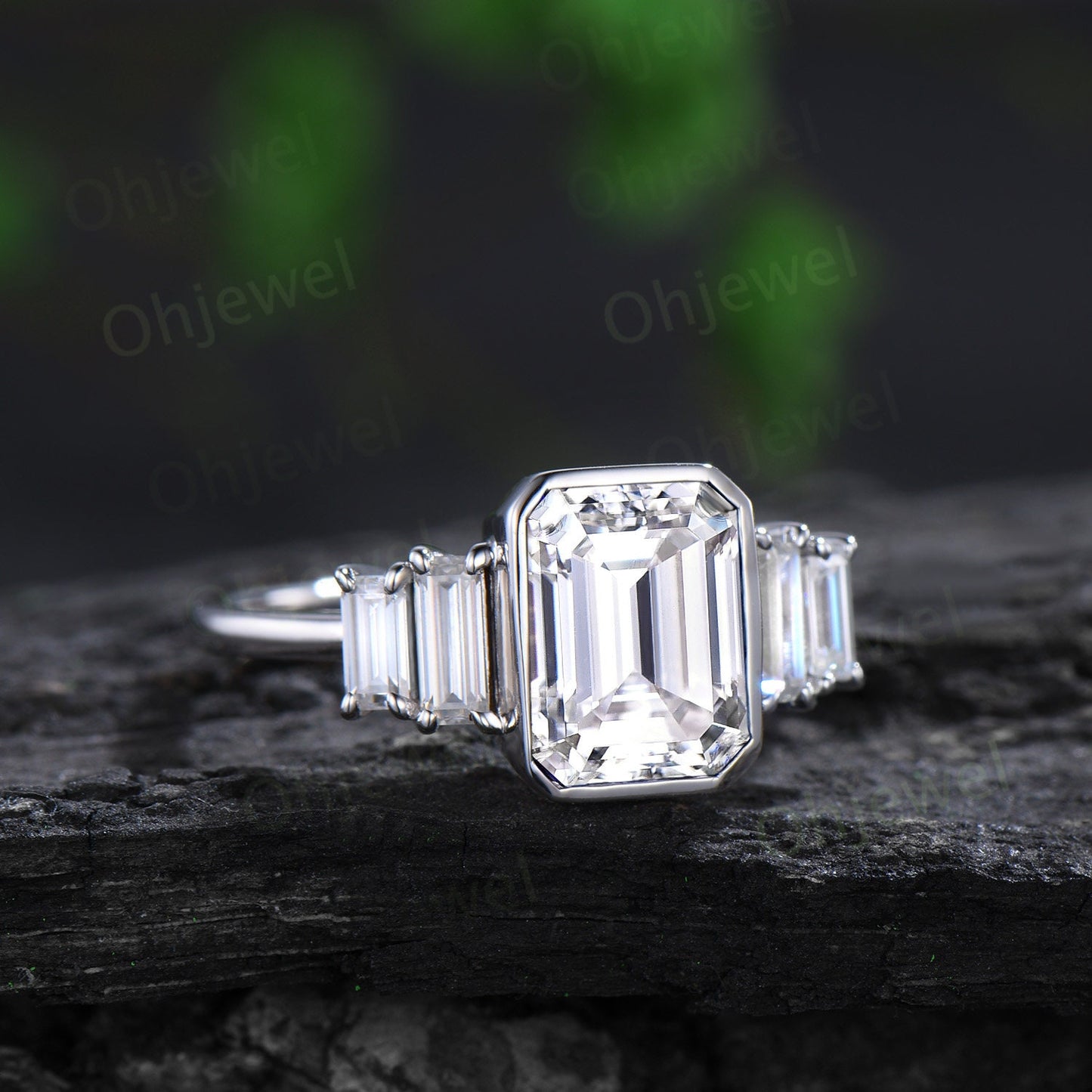 Bezel emerald cut moissanite engagement ring solid 14k 18k white gold Minimalist five stone baguette cut promise bridal ring women gift