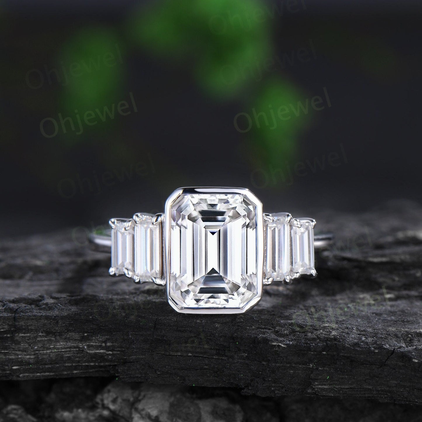 Bezel emerald cut moissanite engagement ring solid 14k 18k white gold Minimalist five stone baguette cut promise bridal ring women gift