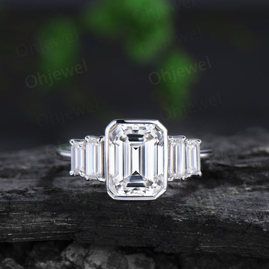 Bezel emerald cut moissanite engagement ring solid 14k 18k white gold Minimalist five stone baguette cut promise bridal ring women gift