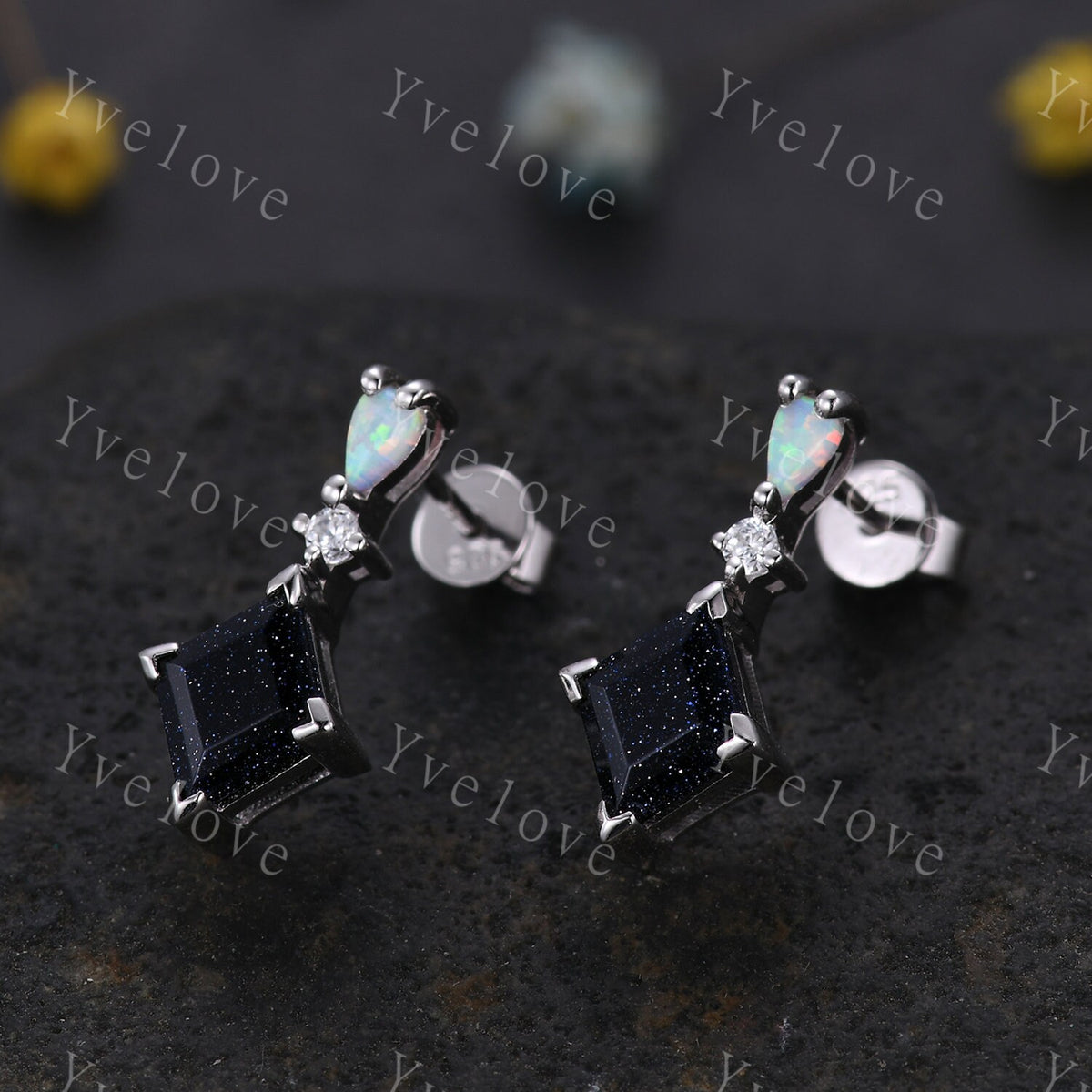Unique Blue Sandstone Opal Earrings,Lozenge Cut Gems,Art Deco Diamond Delicate Dainty Drop Earrings,3 Stone Personalized Women Gift for Her