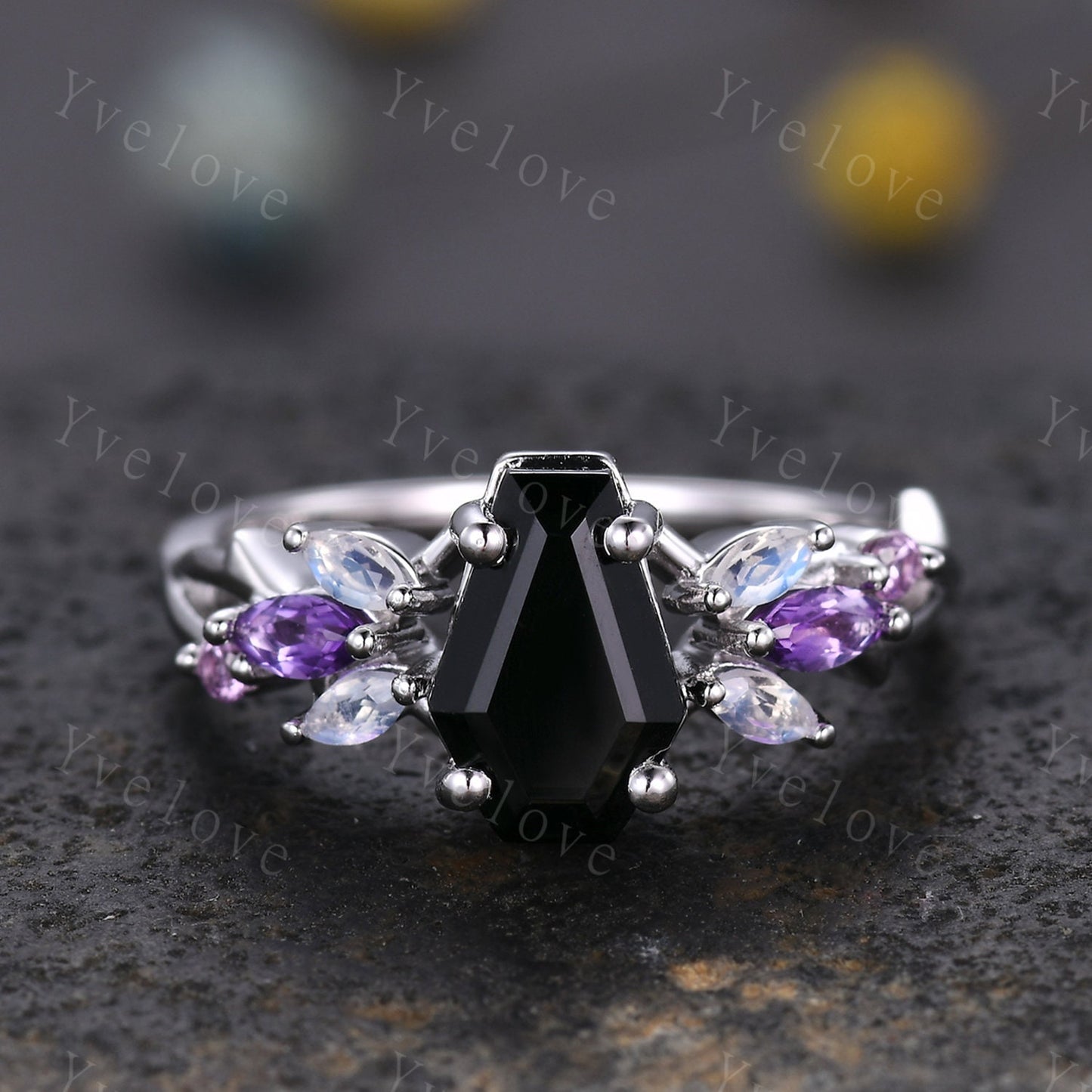 Vintage Coffin Black Onyx Engagement Ring,14k Black Gold,Twig Amethyst Moonstone Ring,Women Bridal Ring,Retro Promise Ring For Her Custom
