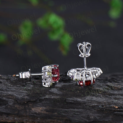 Hexagon cut red garnet earrings solid 14k 18k white gold cluster peridot moissanite stud earrings women wedding anniversary gift
