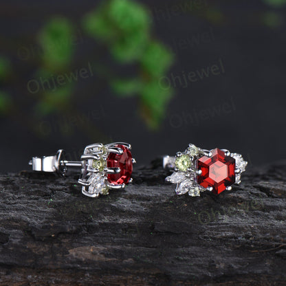 Hexagon cut red garnet earrings solid 14k 18k white gold cluster peridot moissanite stud earrings women wedding anniversary gift