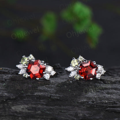 Hexagon cut red garnet earrings solid 14k 18k white gold cluster peridot moissanite stud earrings women wedding anniversary gift