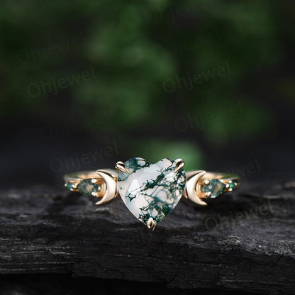 Heart shaped green moss agate engagement ring set solid 14k yellow gold moon five stone emerald anniversary ring women gift