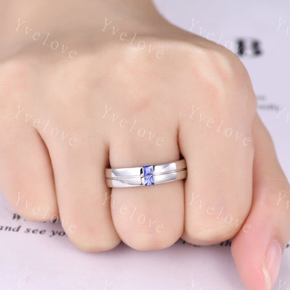 Mens Tanzanite Wedding Band Princess Cut Tanzanite Ring Platinum Ring Mens Solitaire Stacking Matching Band Retro Vintage Ring Gift For Him