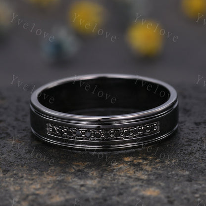 Mens Black Diamond Wedding Band Black Band Diamond channel Set Ring Unisex Stacking Matching Band Retro Vintage Ring Gift For Her or Him