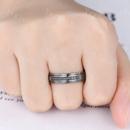 Mens Black Diamond Wedding Band Black Band Diamond channel Set Ring Unisex Stacking Matching Band Retro Vintage Ring Gift For Her or Him