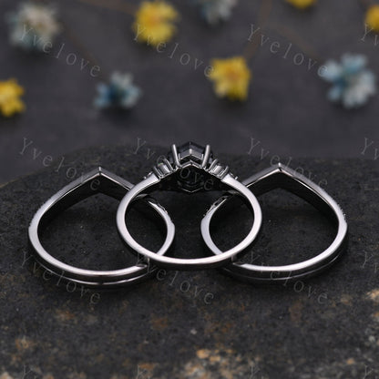 3 Set Unique Hexagon Black Rutilate Quartz Engagement Ring,White Opal Black Diamond Ring,Black Wedding Band,Vintage Gift Bridal Promise Ring