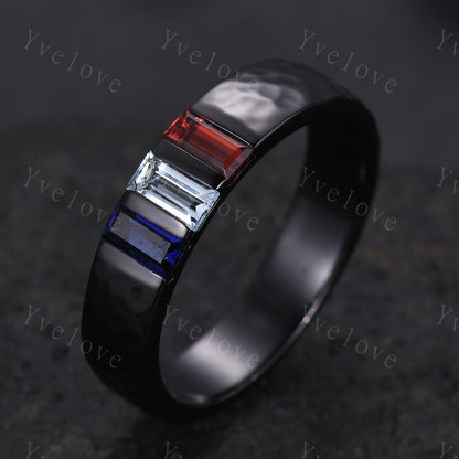 Retro Mens Baguette Cut Aquamarine Garnet Sapphire Wedding Ring 5mm Hammered Band Black Gold Mens Stackable Matching Band Gift For Him