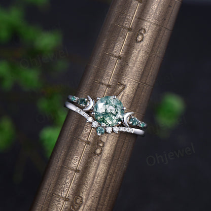 Round cut natural moss agate ring 14k white gold five stone moon unique engagement ring emerald promise ring set women anniversary gift