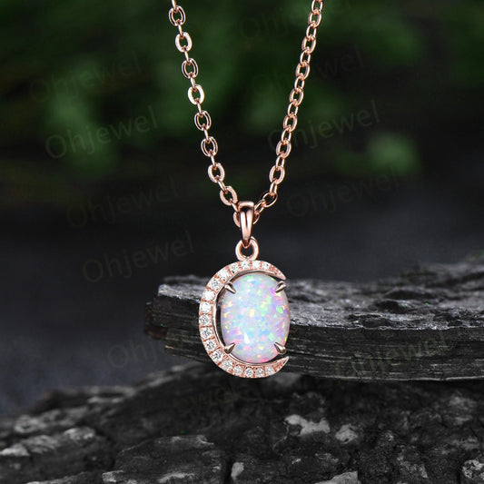 Vintage oval white opal necklace 14k rose gold Personalized half moon halo diamond unique Pendant women birthday anniversary gift