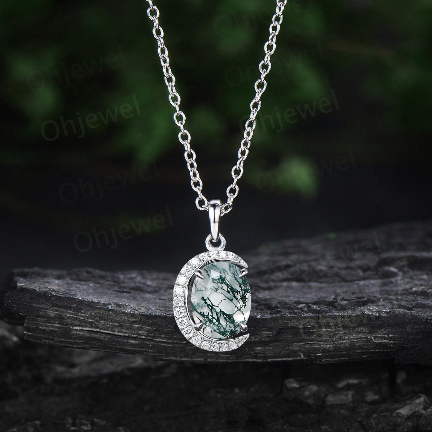 Vintage oval cut moss agate necklace 14k rose gold Personalized half moon halo diamond unique Pendant women wedding anniversary gift