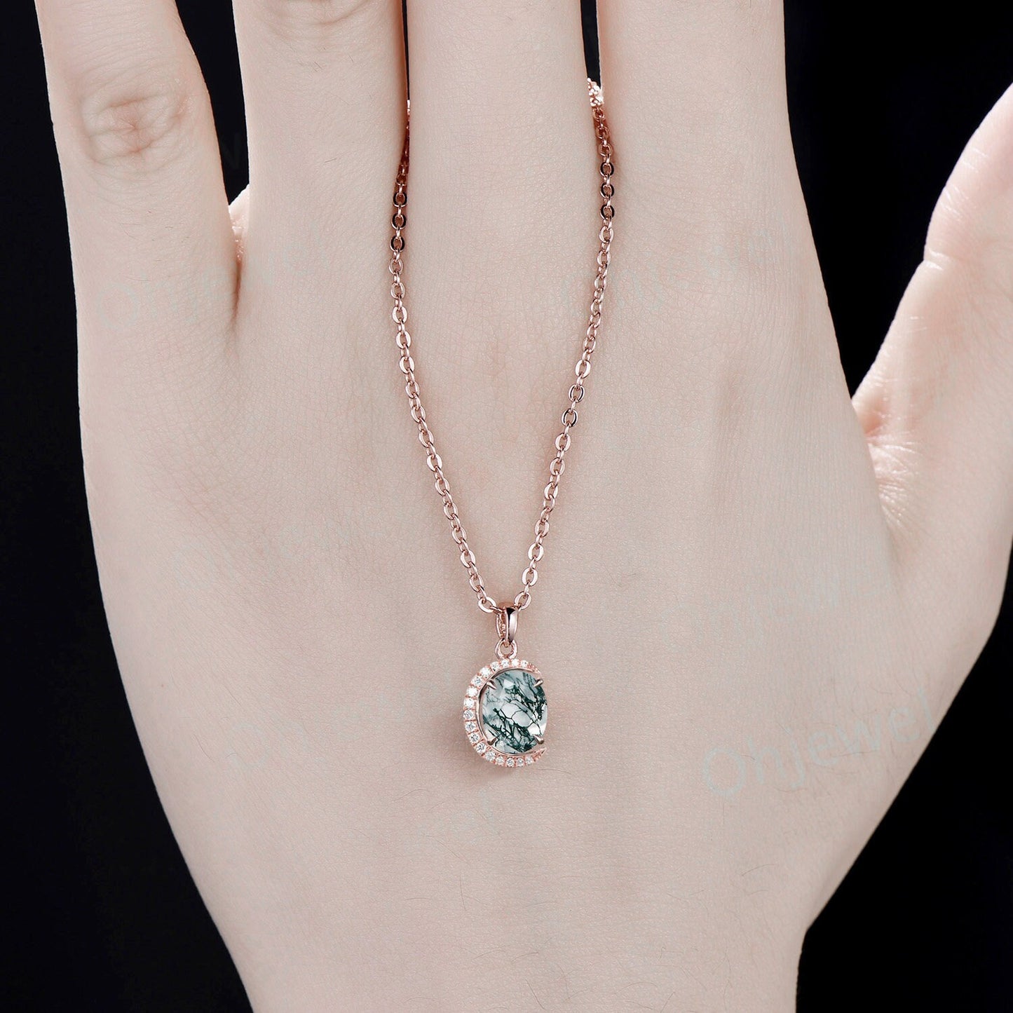 Vintage oval cut moss agate necklace 14k rose gold Personalized half moon halo diamond unique Pendant women wedding anniversary gift