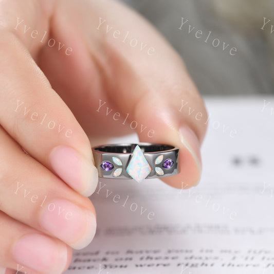 Couple Ring Mens Kite Cut White Opal Engagement Ring Marquise opal amethyst Wedding Band Black Band Mans Stacking Ring His Wedding band