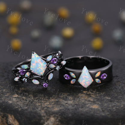 Couple Ring Mens Kite Cut White Opal Engagement Ring Marquise opal amethyst Wedding Band Black Band Mans Stacking Ring His Wedding band
