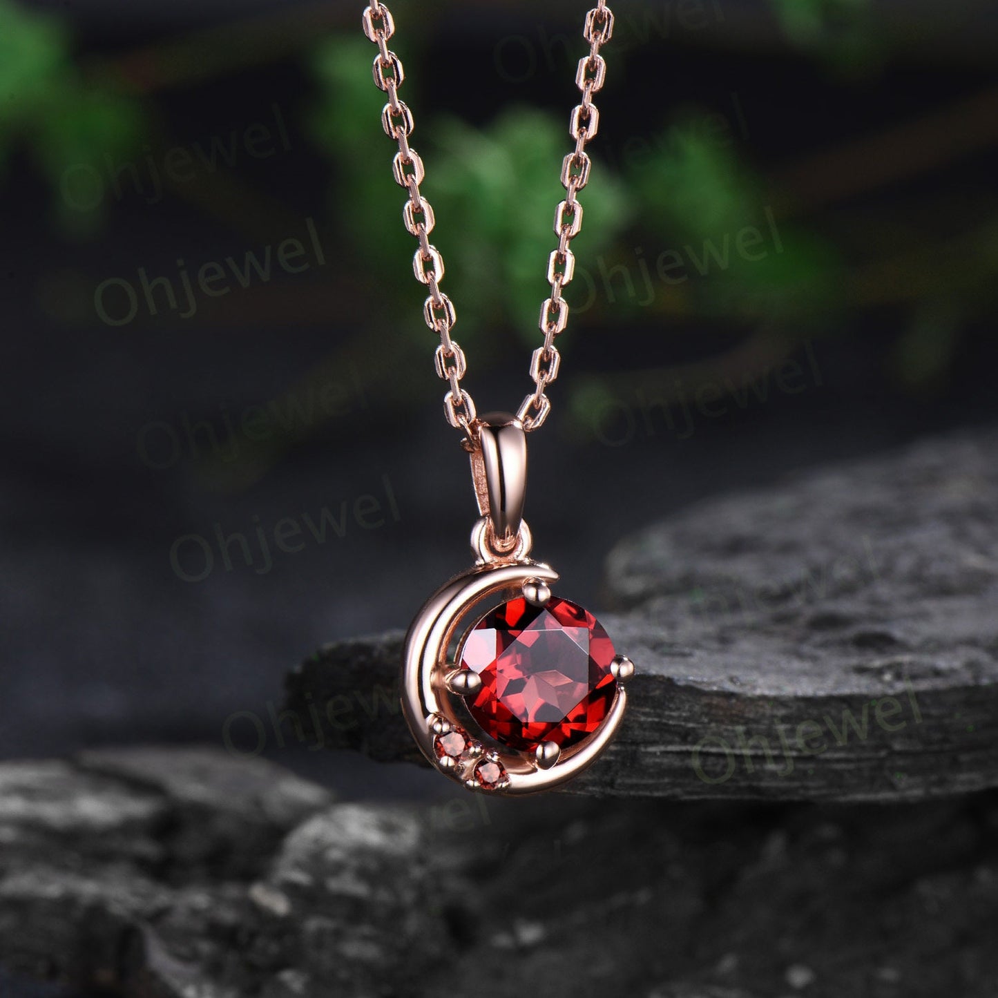 Vintage round cut red garnet necklace 14k rose gold Personalized dainty moon three stone unique Pendant women birthday anniversary gift