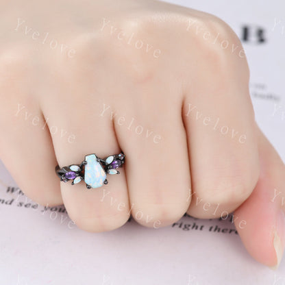 Vintage Coffin White Opal Engagement Ring Set,Black Gold,Vines Amethyst Opal Ring,Women Bridal Set,Unique Twig Anniversary Promise Ring Gift