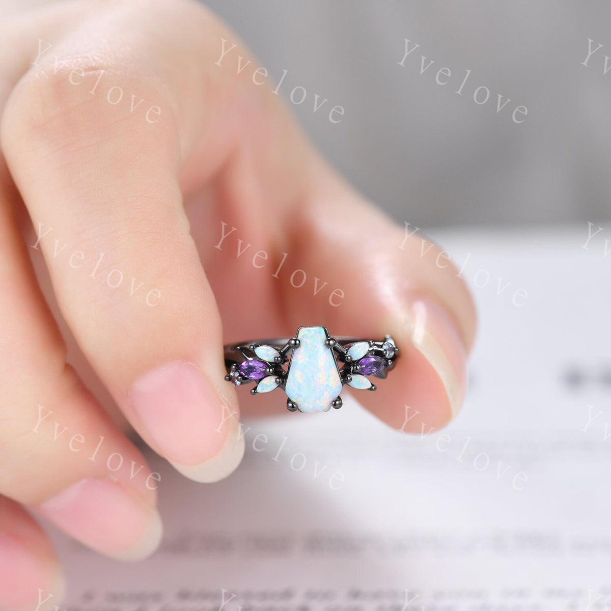 Vintage Coffin White Opal Engagement Ring Set,Black Gold,Vines Amethyst Opal Ring,Women Bridal Set,Unique Twig Anniversary Promise Ring Gift