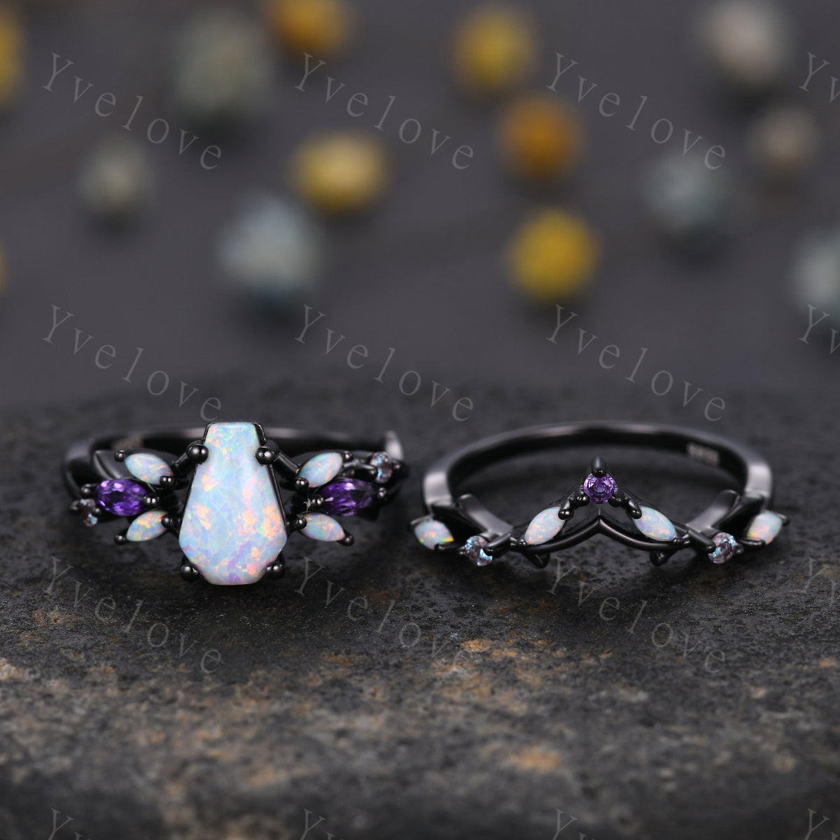 Vintage Coffin White Opal Engagement Ring Set,Black Gold,Vines Amethyst Opal Ring,Women Bridal Set,Unique Twig Anniversary Promise Ring Gift
