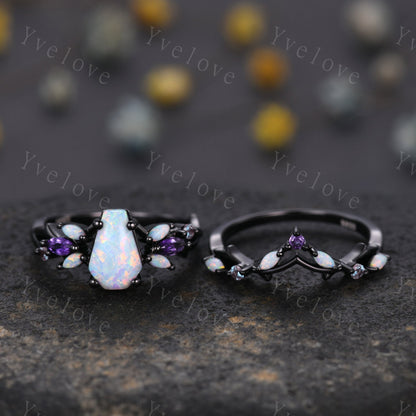 Vintage Coffin White Opal Engagement Ring Set,Black Gold,Vines Amethyst Opal Ring,Women Bridal Set,Unique Twig Anniversary Promise Ring Gift