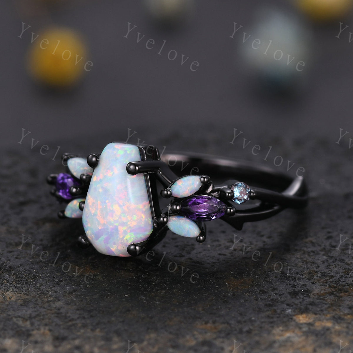Vintage Coffin White Opal Engagement Ring Set,Black Gold,Vines Amethyst Opal Ring,Women Bridal Set,Unique Twig Anniversary Promise Ring Gift