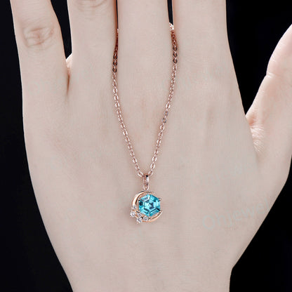 Vintage hexagon Paraiba necklace 14k rose gold Personalized dainty moon cluster diamond unique Pendant women birthday anniversary gift
