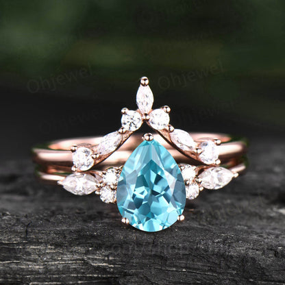 Vintage pear shaped Paraiba engagement ring set rose gold stacking marquise diamond wedding bridal ring set women jewelry