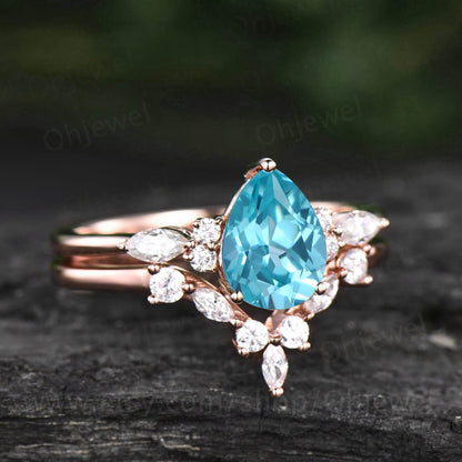 Vintage pear shaped Paraiba engagement ring set rose gold stacking marquise diamond wedding bridal ring set women jewelry