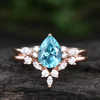 Vintage pear shaped Paraiba engagement ring set rose gold stacking marquise diamond wedding bridal ring set women jewelry