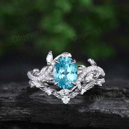 Unique oval cut Paraiba engagement ring white gold vintage cluster leaf half eternity twisted diamond wedding bridal ring set women gift
