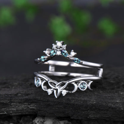 Double curved Alexandrite wedding band enhancer white gold moon cluster diamond wedding ring band women vintage anniversary gift