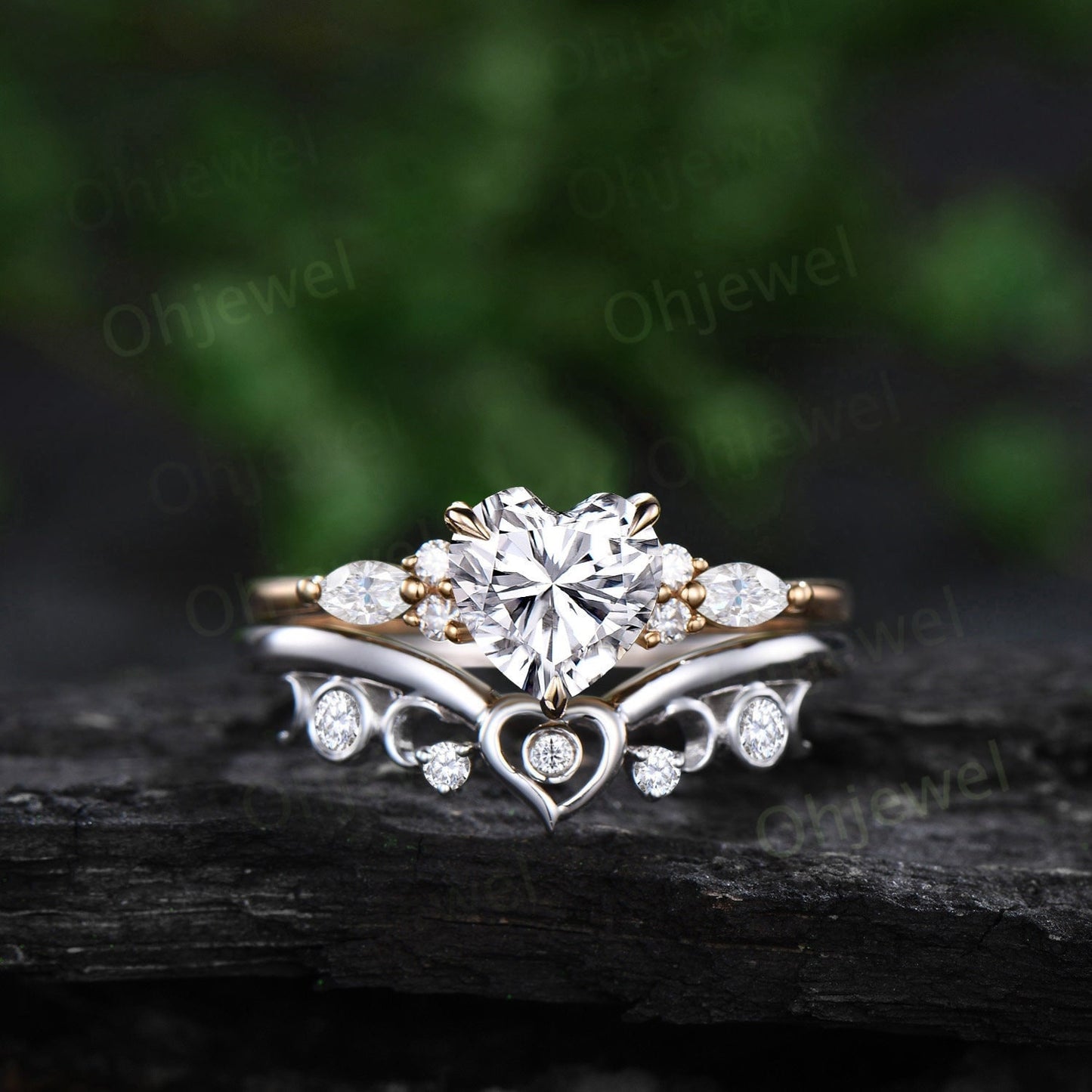 Vintage Heart shaped moissanite engagement ring yellow gold moon cluster diamond promise wedding bridal ring set women