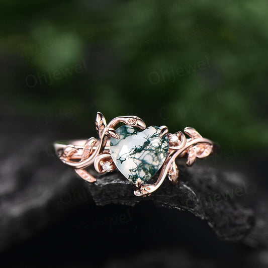 Vintage heart shaped moss agate engagement ring solid 14k rose gold three stone leaf moon diamond bridal wedding promise ring women gift