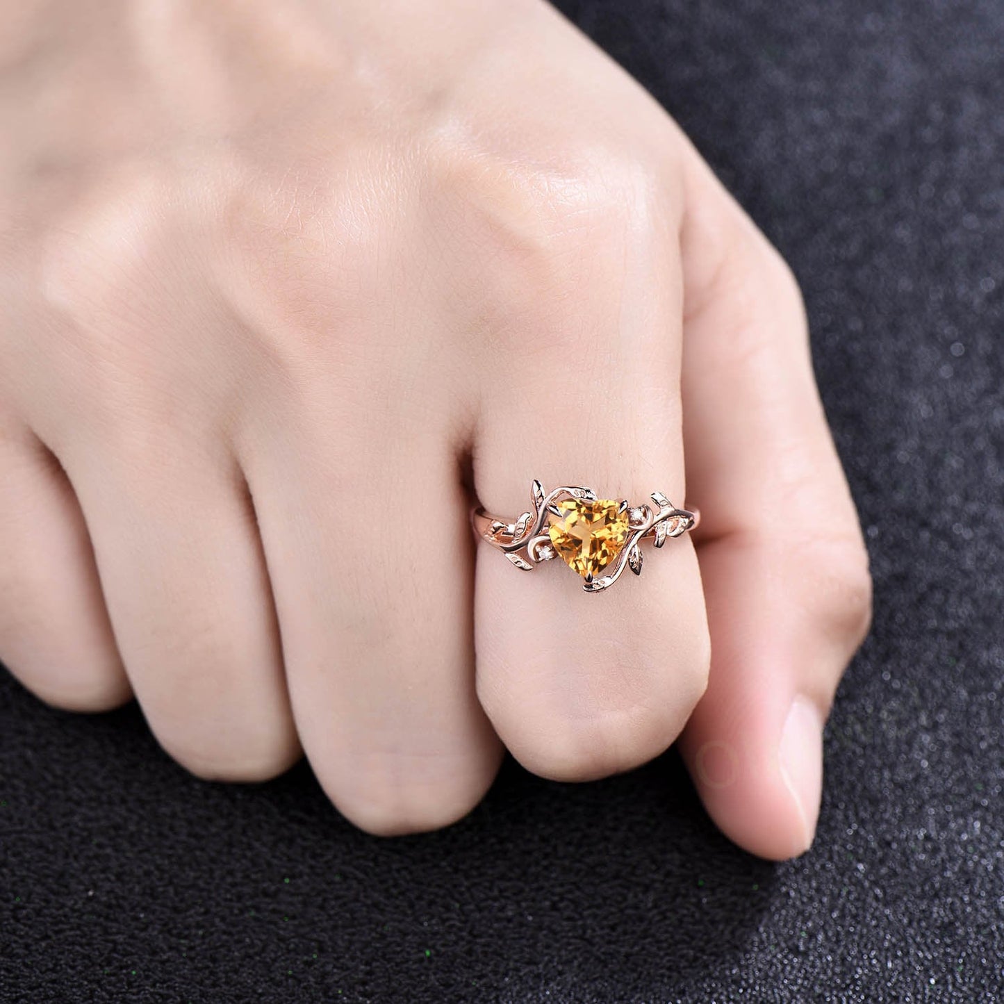 Vintage heart shaped yellow citrine engagement ring solid 14k rose gold three stone leaf moon diamond bridal wedding ring women gift