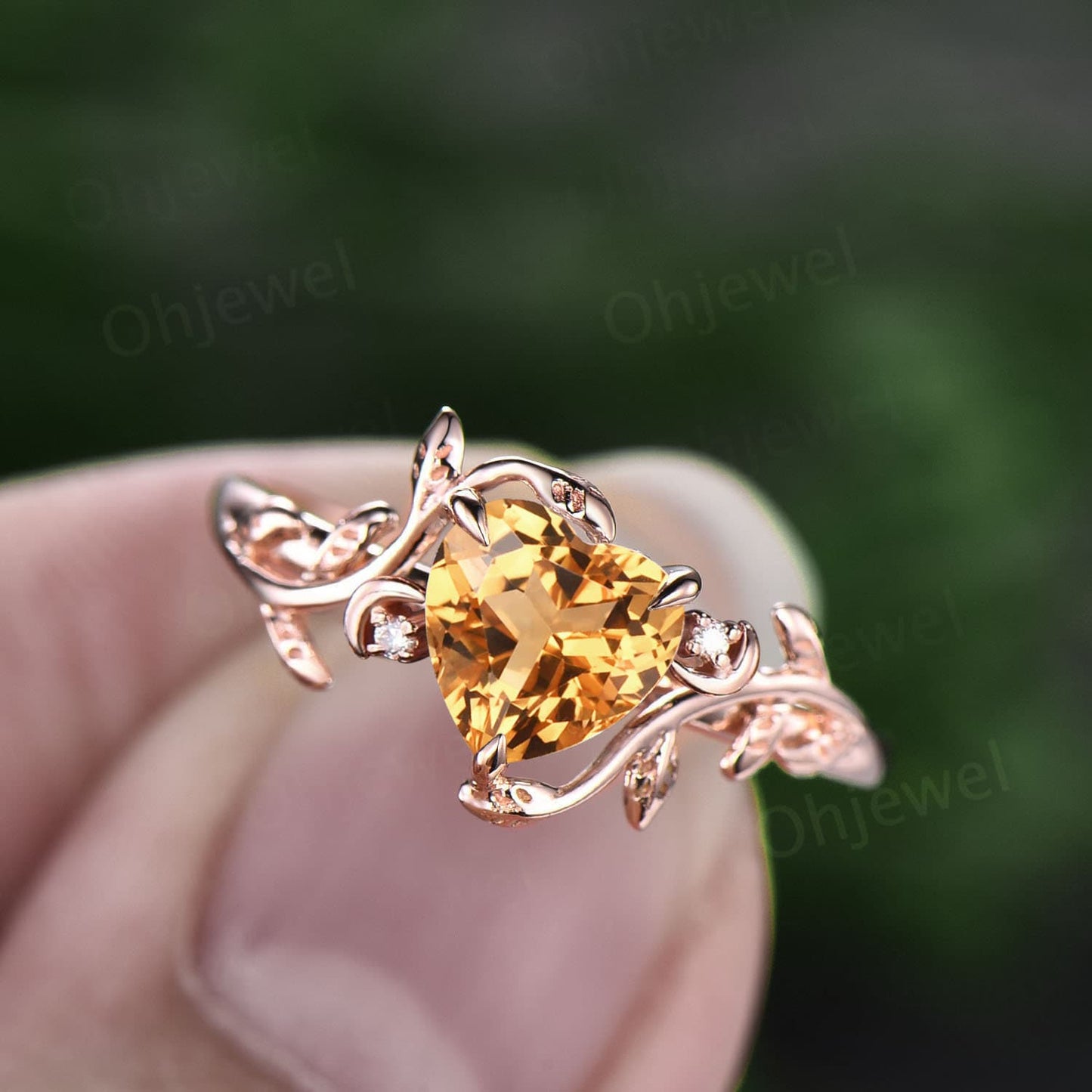 Vintage heart shaped yellow citrine engagement ring solid 14k rose gold three stone leaf moon diamond bridal wedding ring women gift