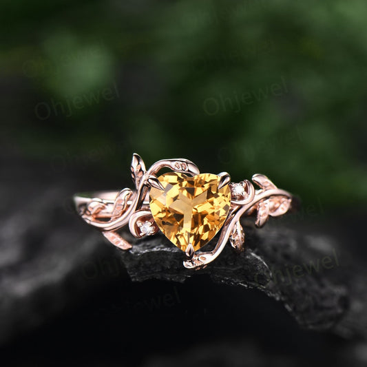 Vintage heart shaped yellow citrine engagement ring solid 14k rose gold three stone leaf moon diamond bridal wedding ring women gift