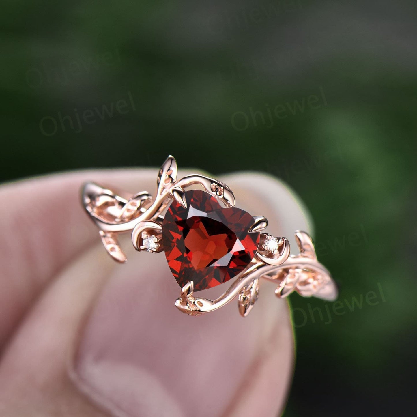 Vintage heart shaped red garnet engagement ring solid 14k rose gold three stone leaf moon diamond bridal wedding ring women gift