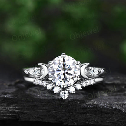Round cut moissanite engagement ring set yellow gold five stone moon pear diamond promise wedding bridal ring set women jewelry