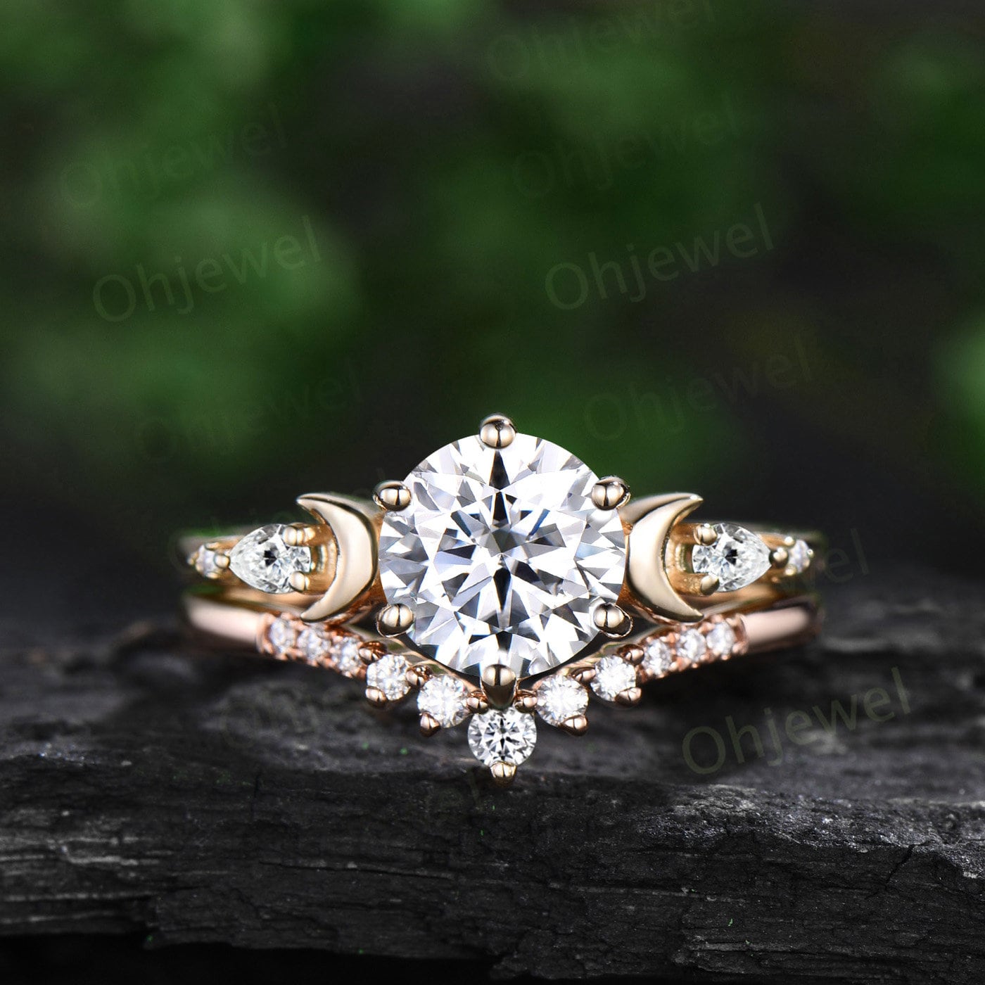 Round cut moissanite engagement ring set yellow gold five stone moon pear diamond promise wedding bridal ring set women jewelry