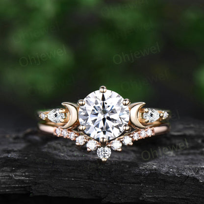 Round cut moissanite engagement ring set yellow gold five stone moon pear diamond promise wedding bridal ring set women jewelry