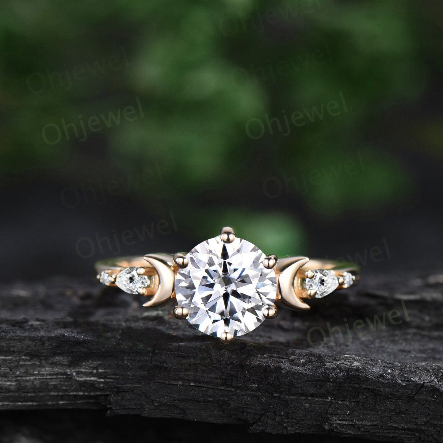 Round cut moissanite engagement ring set yellow gold five stone moon pear diamond promise wedding bridal ring set women jewelry