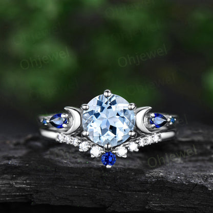 Round cut aquamarine ring vintage yellow gold five stone moon unique engagement ring sapphire bridal wedding ring set women jewelry gift