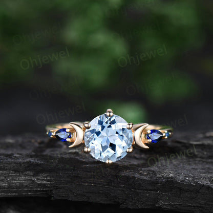 Round cut aquamarine ring vintage yellow gold five stone moon unique engagement ring sapphire bridal wedding ring set women jewelry gift