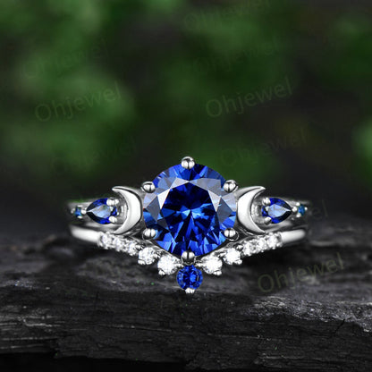 Round cut blue sapphire ring vintage yellow gold five stone moon unique engagement ring gemstone bridal wedding ring set women jewelry gift