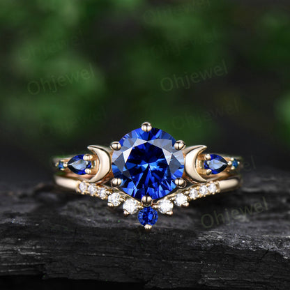 Round cut blue sapphire ring vintage yellow gold five stone moon unique engagement ring gemstone bridal wedding ring set women jewelry gift