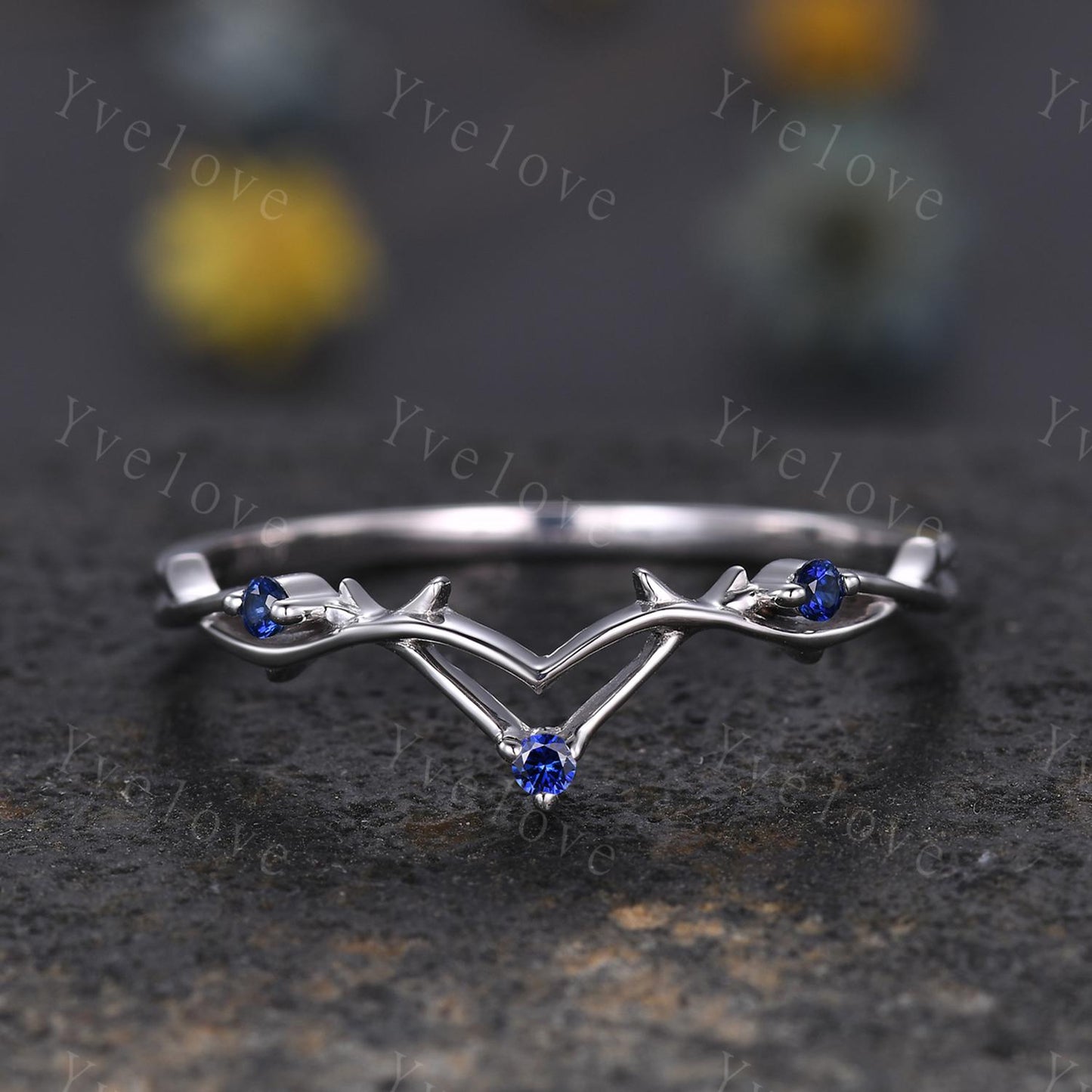 Minimalist Blue Sapphire Twig Engagement Ring,Twig Matching Band,Women Vine Band,Art Deco V Curved Branch Wedding Band,Sapphire Silver Ring