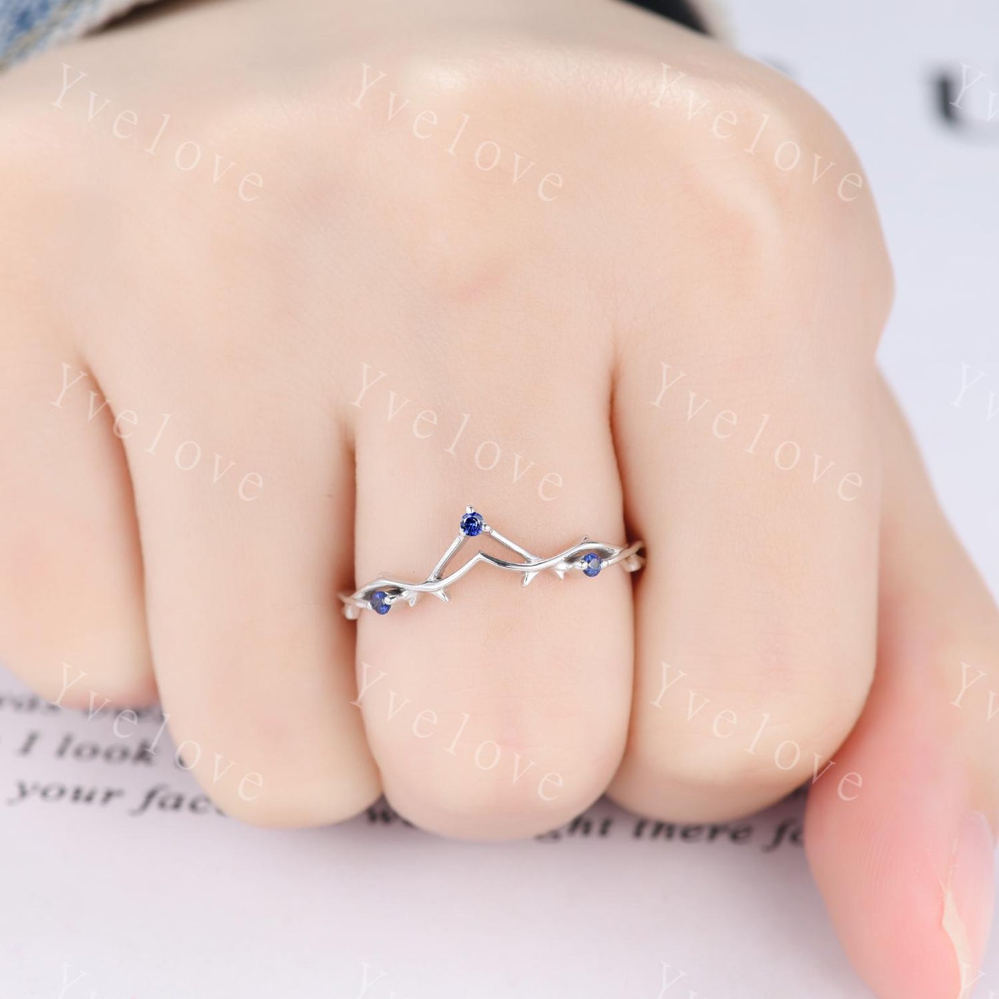 Minimalist Blue Sapphire Twig Engagement Ring,Twig Matching Band,Women Vine Band,Art Deco V Curved Branch Wedding Band,Sapphire Silver Ring