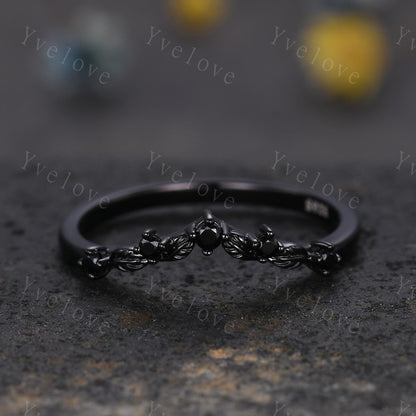 Retro Black Spinel Engagement Ring,Twig Leaf Matching Band,Women Vine Band,Gothic V Curved Branch Wedding Band,Black Gold Wedding Band Gift